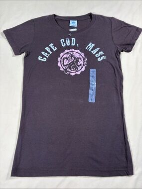 Cuffy's of Cape Cod Womens Graphic Tee Teak Brown Pink Seahorse Small